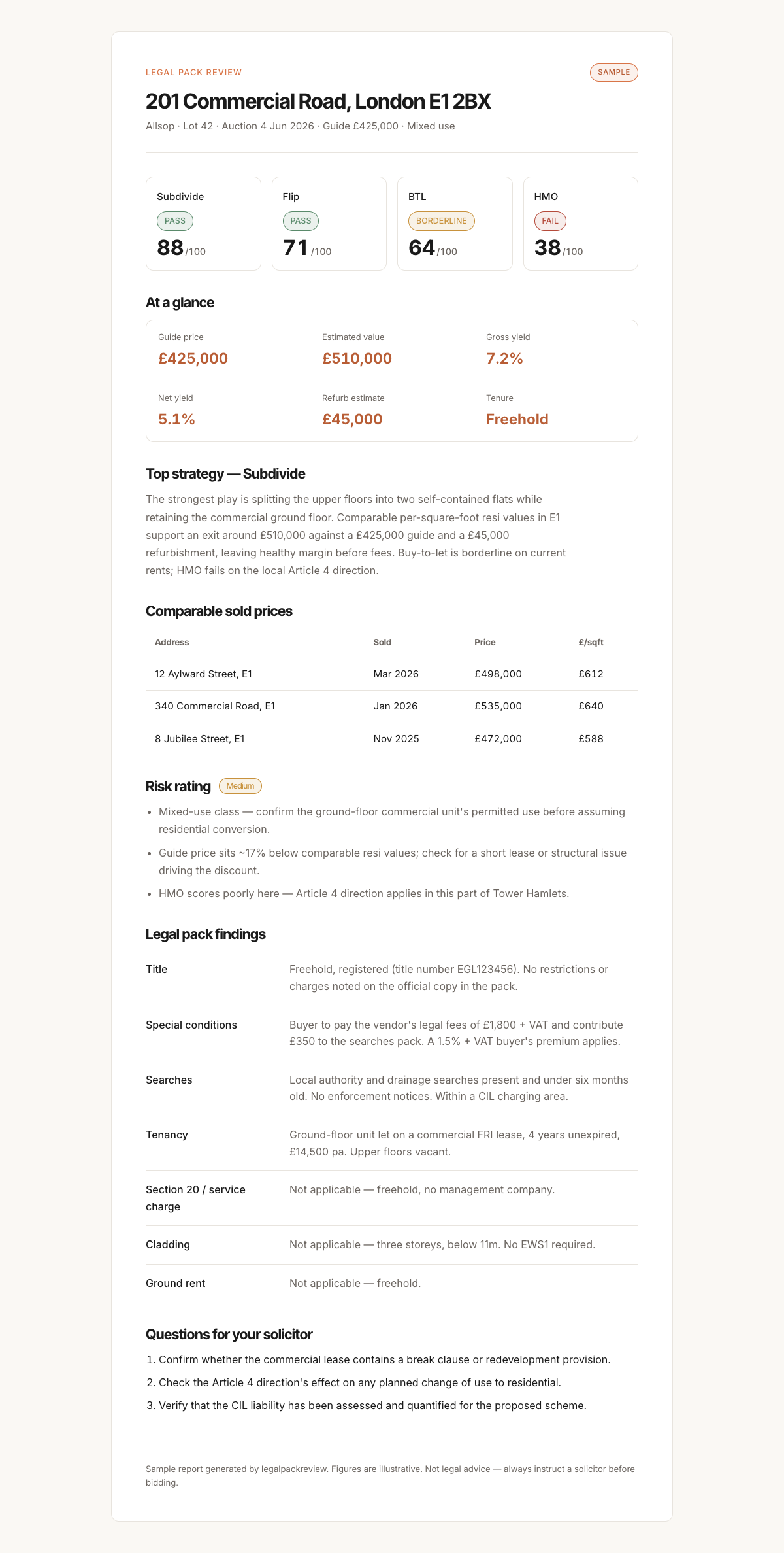 Sample £49 legal pack review for 201 Commercial Road